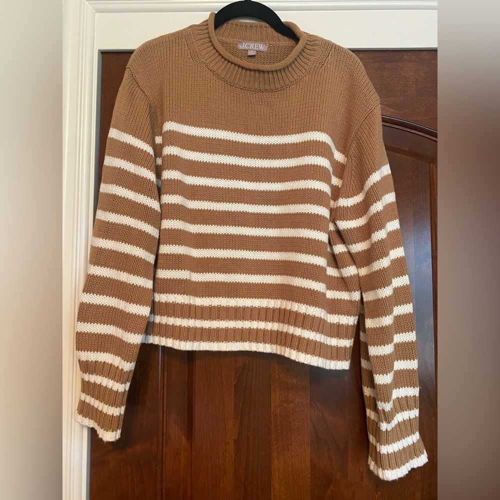 J. Crew Rollneck Sweater in Tan White Stripes Sz M Cotton